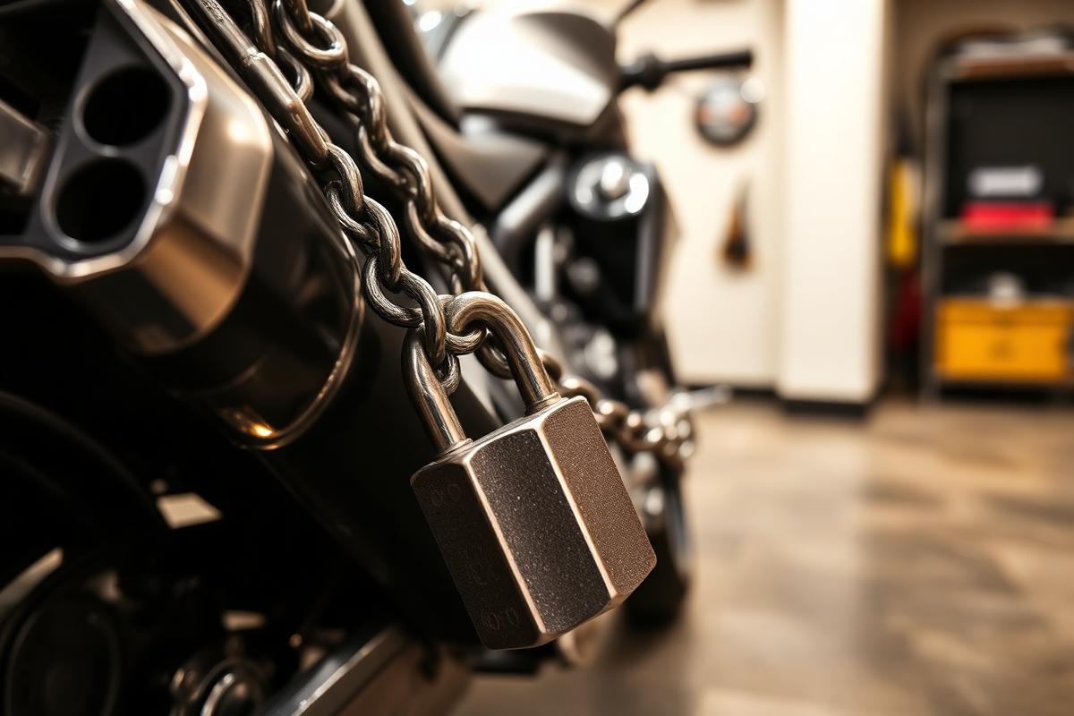 Antivol chaîne verrouillant une moto stationnée dans l'Yonne
